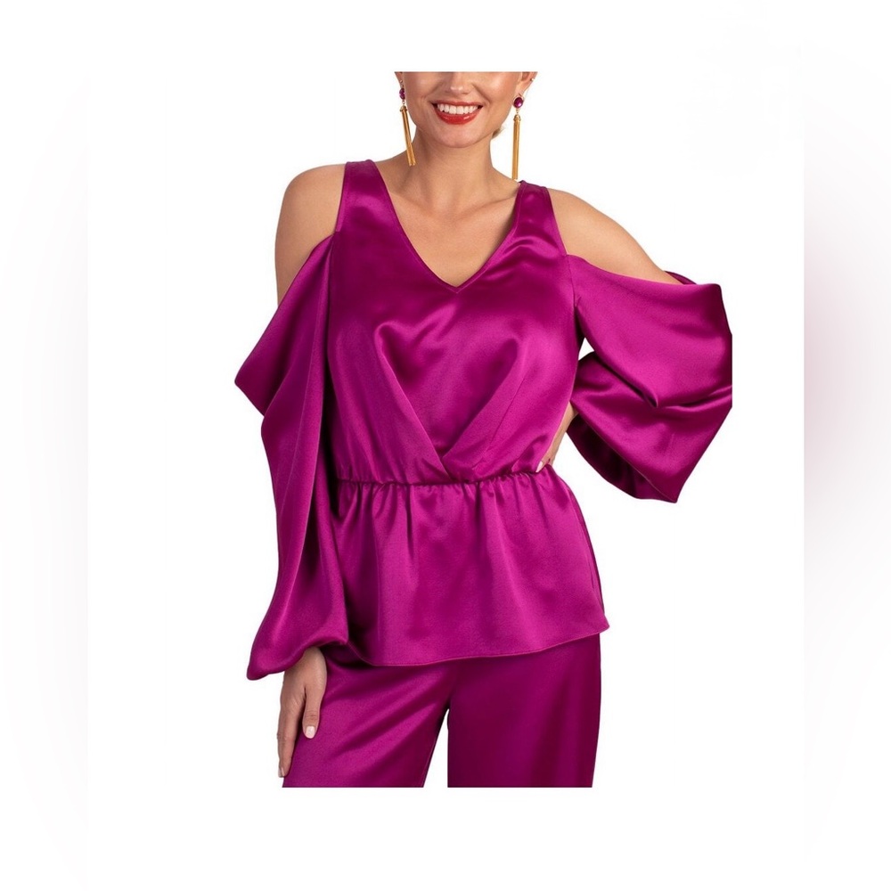 Trina Turk Medium Fuchsia Cold Shoulder V Neck Long Sleeve Blouse Elastic Waist